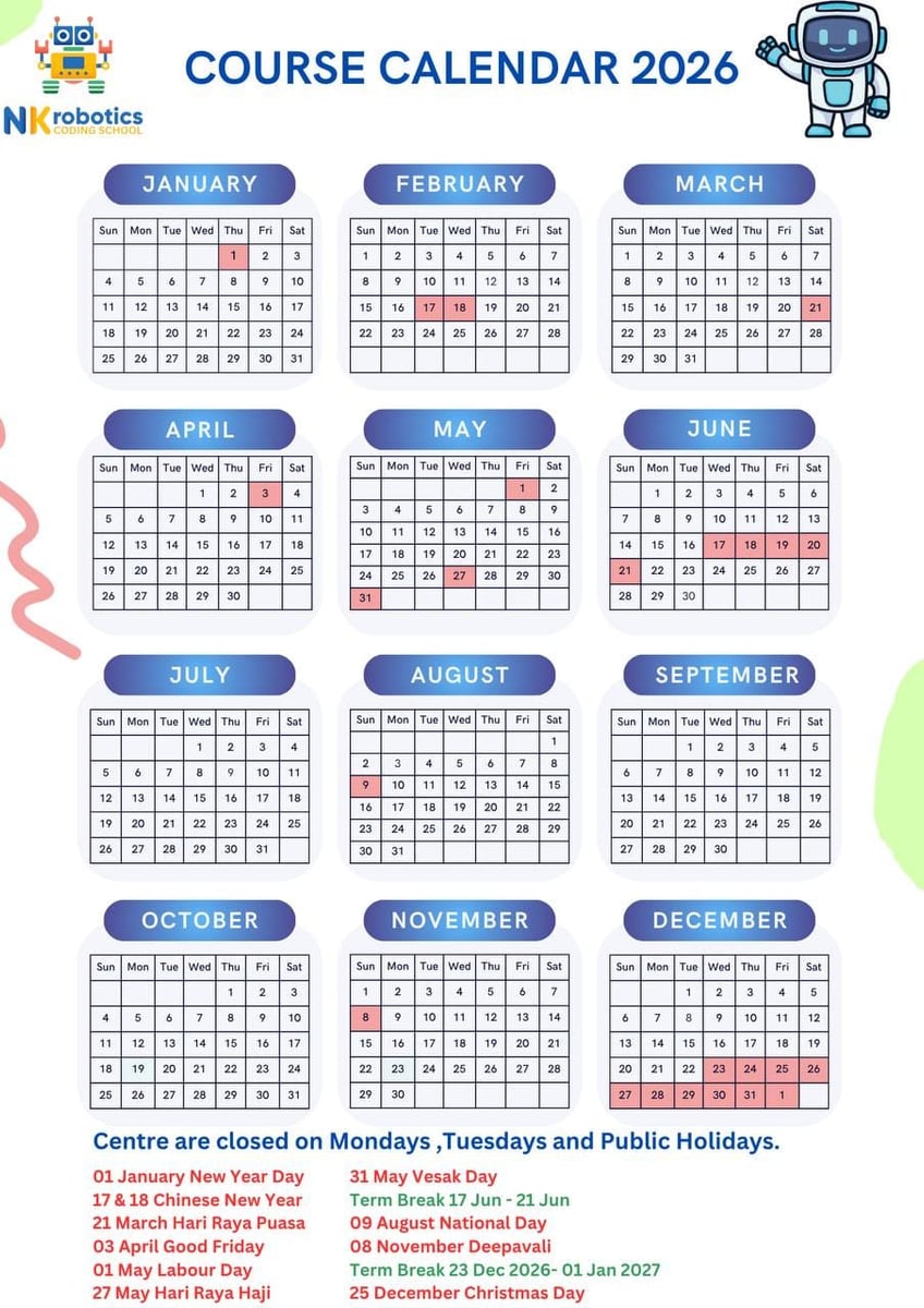 2026 Course Calendar for NK Robotics Coding School Singapore